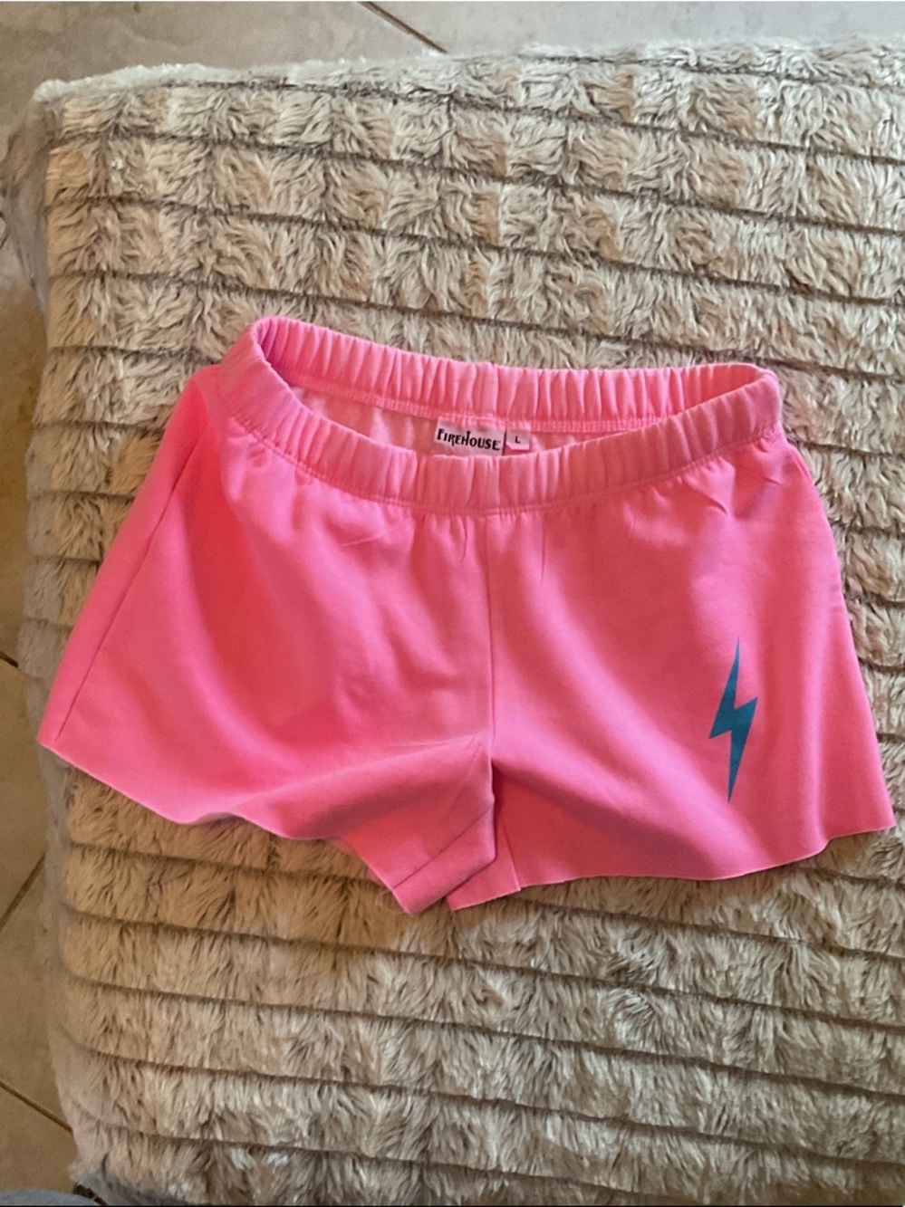 Firehouse Pink Athletic Shorts with Blue Bolt Accent
